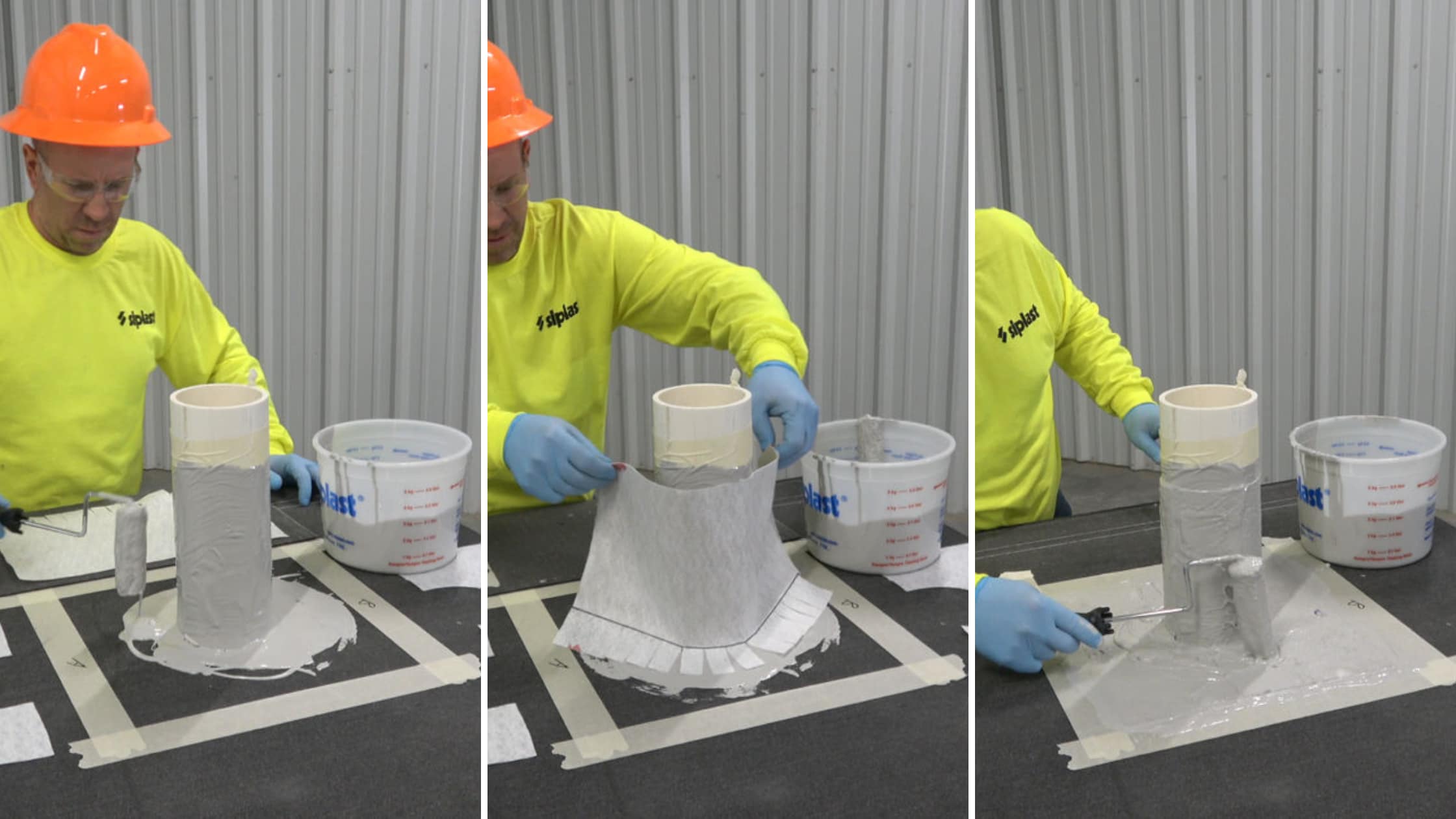 An expert from Siplast performed the three steps of the Parapro Flashing installation, including rolling on a base layer, using a polyester fabric reinforcement and then rolling on a finishing coat.