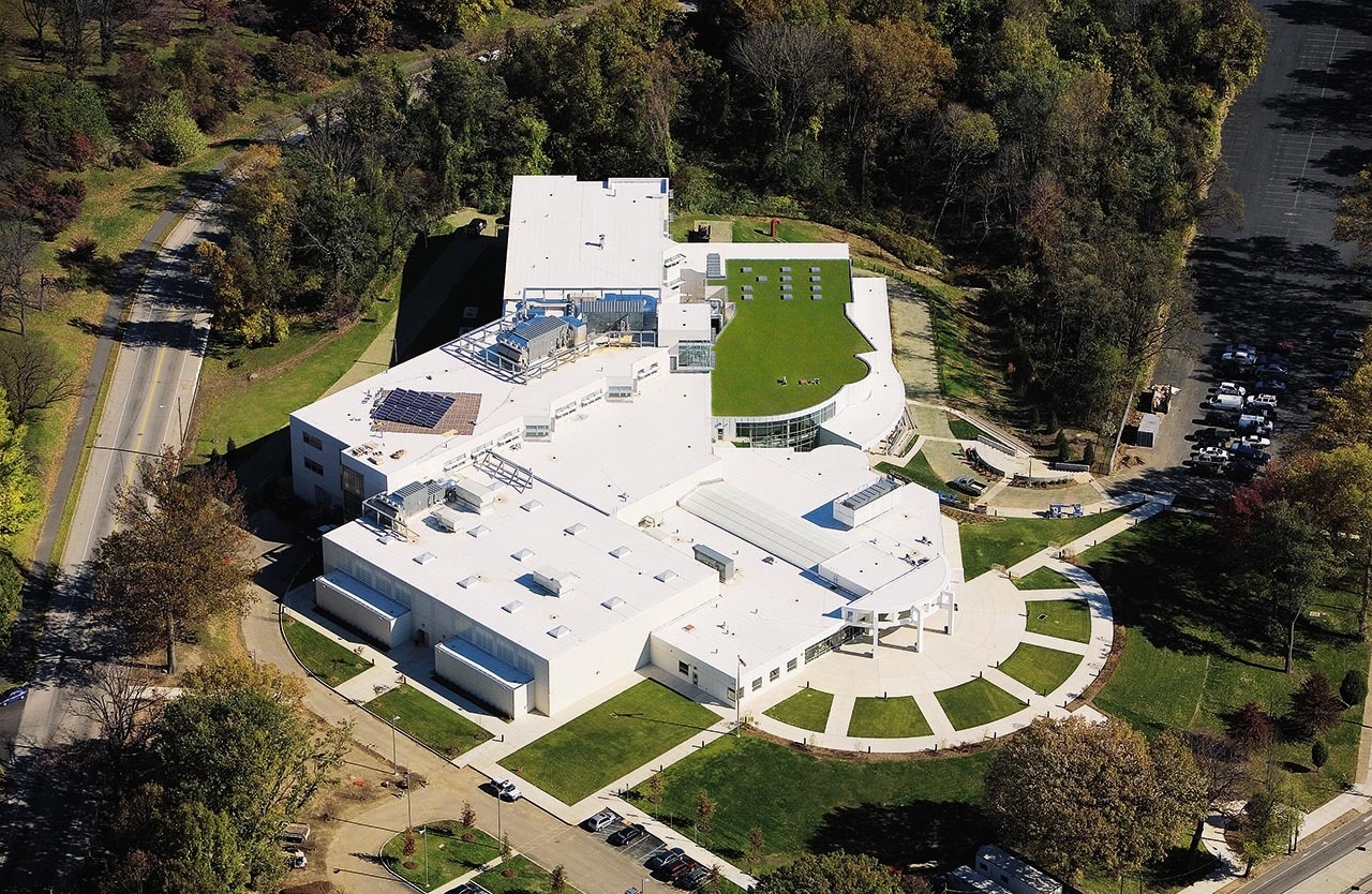 A commercial building with energy-efficient roofing.