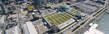 A green roof with trees, bushes, shrubs, and sustainable amenity hardscape on a commercial building.