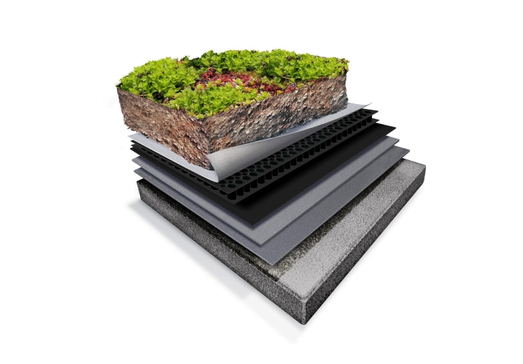 irma-based extensive vegetated roof system Component layers of a vegetated roofing system using Siplast materials.