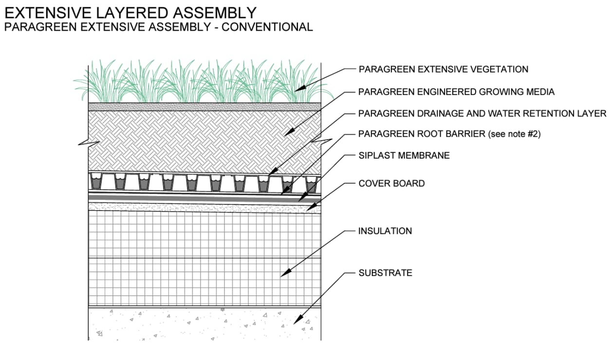 extensive layered assembly A model of the extensive layered assembly of the Paragreen vegetated roofing system and Siplast materials.