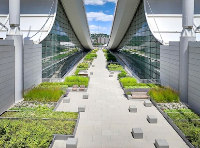 Commercial building showing a vegetated roof with Siplast products
